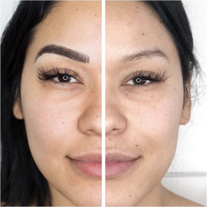 Before and after microblading, split view